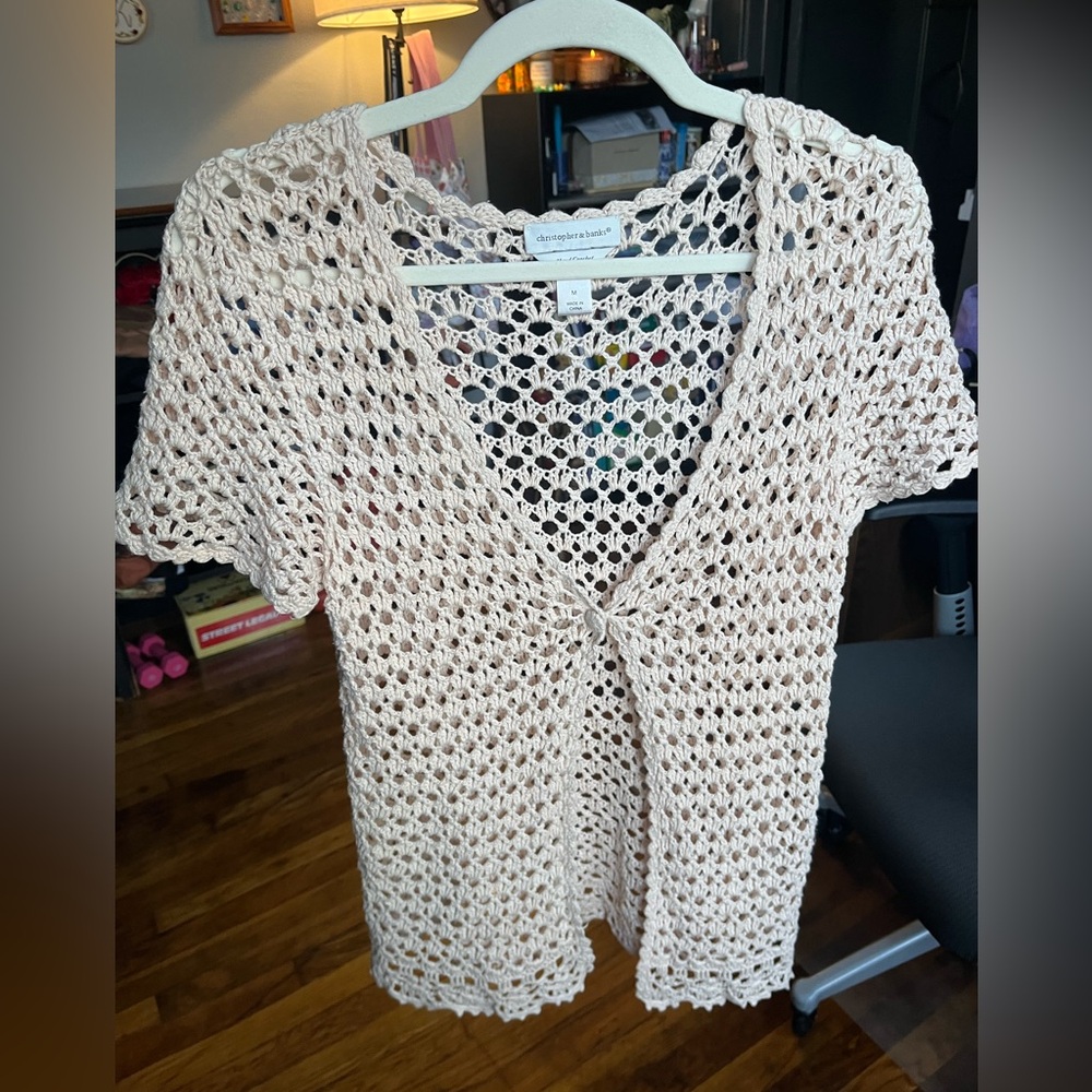 Christopher & Banks Hand-Crocheted Cream Short Sleeve Cardigan - Picture 1 of 8